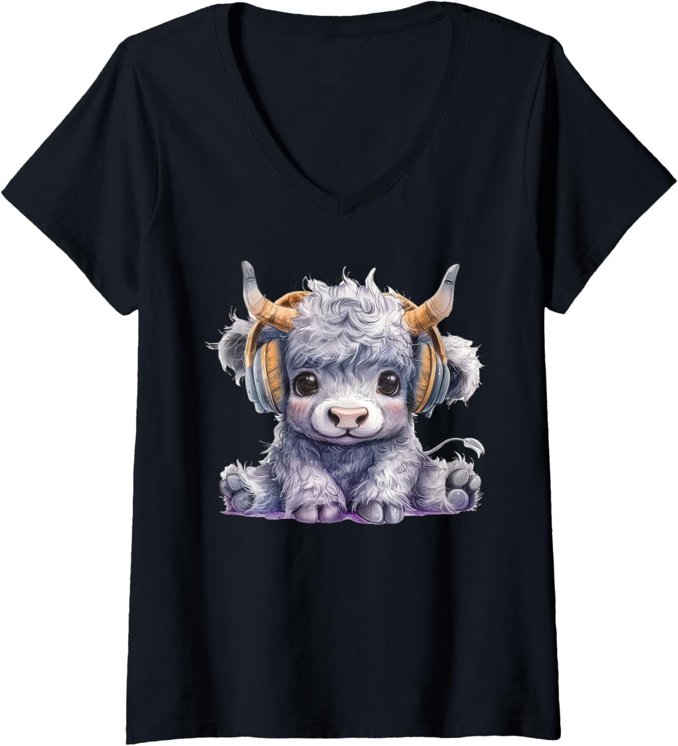 Damen Niedliche Highland Cow Kawaii Chibi Animal V-Ausschnitt T-Shirt Leicht Elastisch Baumwolle Damen T-Shirts